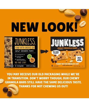 Junkless Peanut Butter Chocolate Chip Chewy Granola Bars - 6 Pack Less Sugar Wholesome Snacks Great Taste 1.1 oz Bars - International Shipping Available - Buy Online on GoSupps.com