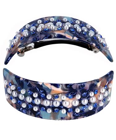 Chic Blue Pearl & Rhinestone Hair Clip - Trendy Tortoise Rectangle Hair Accessory for Women - Buy Online on GoSupps.com