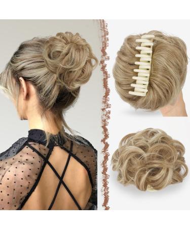 FESHFEN Claw Clip Messy Bun Hair Piece Hair Buns Mixed Blonde and Ash Blonde Tips Curly Wavy Hairpieces Updos Synthetic Chignon Hair Scrunchies Hair Bun Hair Pieces for Women 1PCS