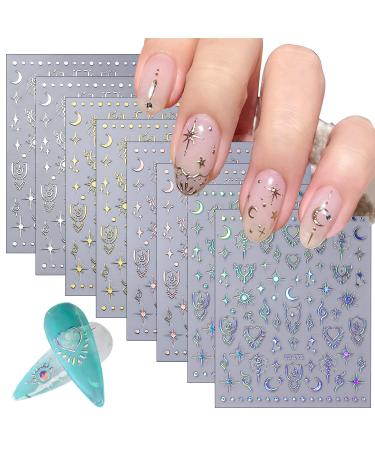 CHANGAR 8 Sheets Moon Star Nail Stickers for Nail Art Sun Totem Nail Decals Holographic Laser Gold Silver Nail Stickers Boho Sun Stars Moon Heart Nail Art Designs Decals for Women Nail Decora