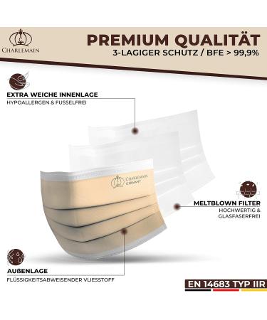 Buy Charlemain 50x Medical Masks - EN 14683 Type IIR BFE 99.9% Latex-Free 3-Layer Protection Made in Germany One-Way Face Masks (Beige) - 50 Pieces Pack - Buy Online on GoSupps.com