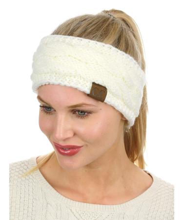C.C Soft Stretch Winter Warm Cable Knit Fuzzy Lined Ear Warmer Headband, Ivory