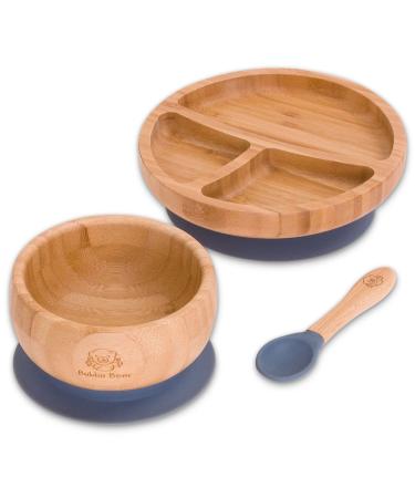 Bubba Bear Baby Bamboo Suction Bowl Plate & Spoon Set | Stay Put Toddler Led Feeding Bowls & Plates | Free Guide to Weaning Grey