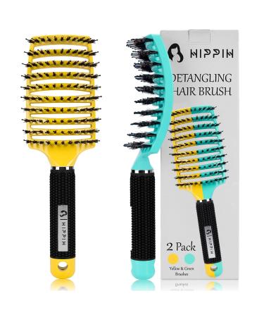 Detangling Brush 2 Pack, HIPPIH Boar Bristle Hair Brush for Women, Men & Kids’ Wet or Dry Hair, Magic Brush for Long curly Thick Hair Can Adds Shine and Makes Hair Smooth green