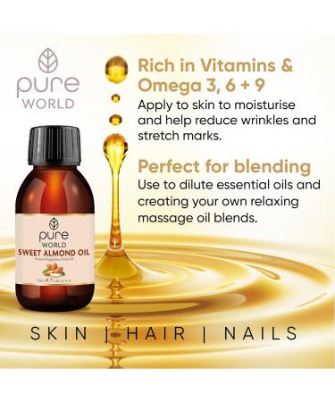 Pure World Natural Almond Oil 100 ML - Premium Italian Quality, 100% Pure & Undiluted for Skin, Nails & Body - Vegan & Edible - Almond 100ML - Buy Online on GoSupps.com