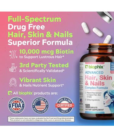 Hair Skin and Nails Complex 180 Caplets with 10000 mcg Biotin - Free Vitamin C-1000 30 Tablets - Multivitamin Supports Strong Nails Beautiful Hair Healthy Aging - Buy Online on GoSupps.com