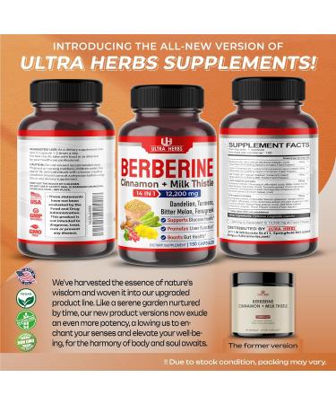 ULTRA HERBS Premium Berberine 1200MG with Cinnamon Milk Thistle - USA Made & Tested - Promotes Liver Function, Gut Health & Immunity - 150 Count - Buy Online on GoSupps.com