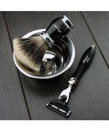 4 Pc Men's Shaving Kit - 3 Edge Razor Silver Tip Badger Hair Brush Stand & Stainless Steel Bowl - Perfect Gift Set for Men - Buy Online on GoSupps.com
