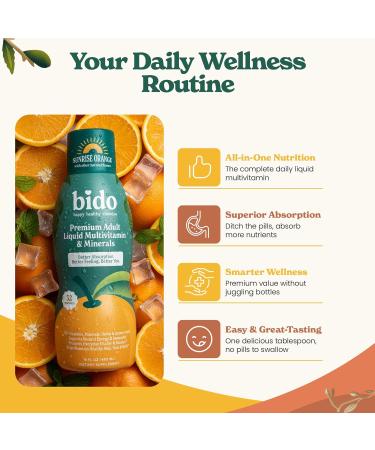Bido Adult Liquid Multivitamin & Minerals for Women and Men | 60+ Nutrients for Energy Immunity Mood | Orange Flavor 32 Servings - Buy Online on GoSupps.com