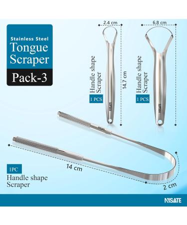 Nisate Tongue Scrapers - 100% Stainless Steel Oral Health Tool | Prevent Bad Breath | Set of 3 Hollow Shaped Metal Tongue Cleaners with Blunt Edges - Buy Online on GoSupps.com