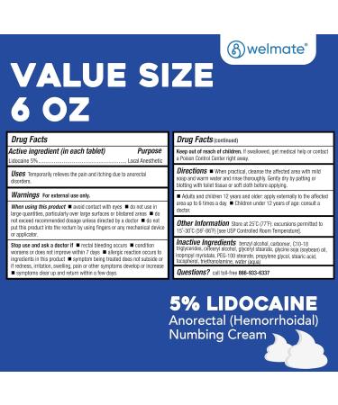 WELMATE - 5% Lidocaine Numbing Cream 6oz (170g) - Maximum Strength Lidocaine Cream - Hemorrhoid Relief - External Use Anesthetic Vitamin E - Child Resistant - Topical Skin Care 6.0 Ounce (1 pack) - Buy Online on GoSupps.com