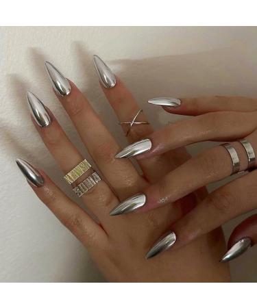 Lustrous Silver Chrome Press-On Nails | Medium Almond Metallic Acrylic | Glossy Stiletto & Reusable 24-Piece Kit - Perfect for Women - Buy Online on GoSupps.com