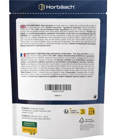 Vitamine B1 Thiamine 100mg | 120 Comprim s V g taliens | Suppl ment Pour la Sant Cardiaque | Hautement dos | Soutient M tabolisme nerg tique Normal | par Horbaach - Buy Online on GoSupps.com