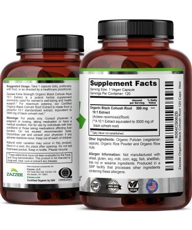 Zazzee USDA Organic Black Cohosh 10:1 Extract 3000 mg Strength 120 Vegan Capsules 4 Month Supply Standardized and Concentrated 10X Extract 100% Vegetarian All-Natural Non-GMO Made in The USA - Buy Online on GoSupps.com