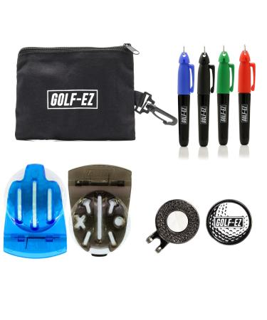 Golf-EZ TRI-LINE Golf Ball Alignment Kit with Hat Clip Ball Marker and Carry Case | Swing Path Arrows & Ball Identifiers Blue/Black