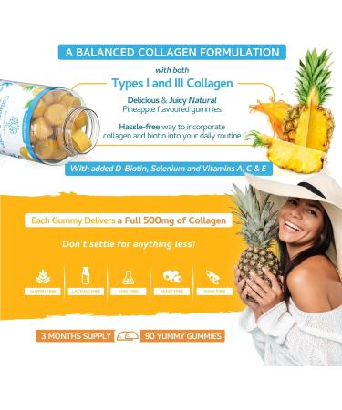 Collagen Complex - 90 Natural Pineapple Flavour Chewable Yummy Gummies - One a Day 500mg Hydrolysed Collagen Biotin Vitamin C and Selenium Healthy Skin and Hair for Men and Women UK Made 90 Gummies - Buy Online on GoSupps.com