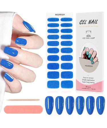 Kalolary 20PCS Nail Adhesive Wrap Nail Gel Polish Strips Full Wraps Nail Polish Stickers Cured Gel Nail Strips Self-Adhesive Gel Nail Wrap Stickers Decals(UV/LED Lamp Required) (Glitter Dark Blue)