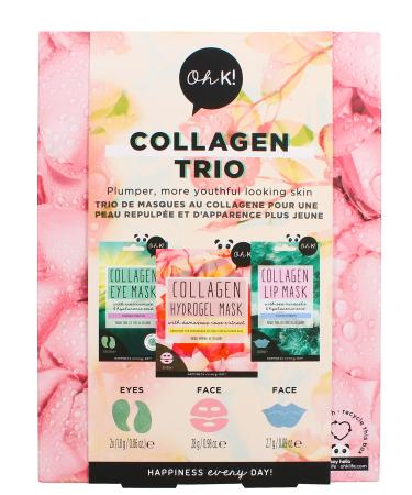 Oh K! Collagen Trio Vegan and Cruelty Free Pamper Gift Set With Face Lip and Eye Masks Smoothing and Anti-Aging for Fine Lines 3 Piece