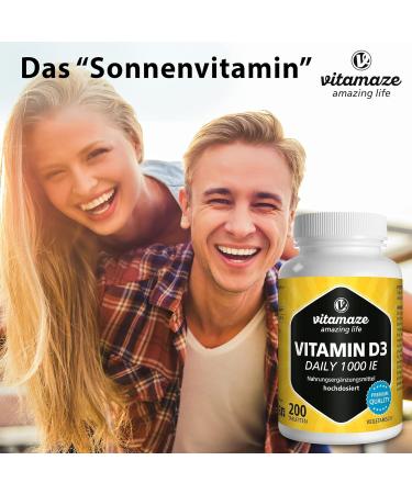 Vitamin D3 1000 IE - Vegetarian Cholecalciferol Supplement | 200 Tablets | Natural & Pure | Made in Germany - Buy Online on GoSupps.com