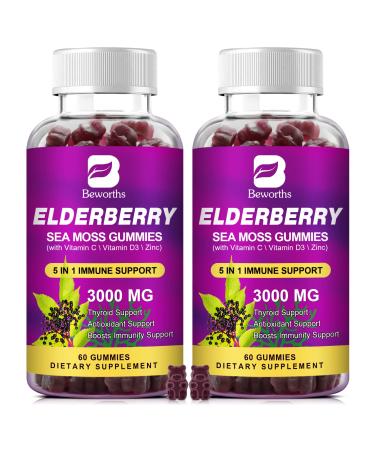 B BEWORTHS Elderberry & Sea Moss Gummies Organic Black Sambucus Elderberry with Zinc and Vitamin C D3 for Adults & Kids Elderberry Gummy Vitamin Supplements for Immune & Thyroid Support - Vegan 120 Count (Pack of 2)