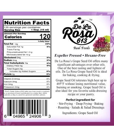 De La Rosa 100% Pure Grape Seed Oil 67.6 Oz - Expeller Pressed, Hexane Free, Kosher, Vegan, Non-GMO, Gluten Free - High Smoke Point Cooking Oil - Buy Online on GoSupps.com