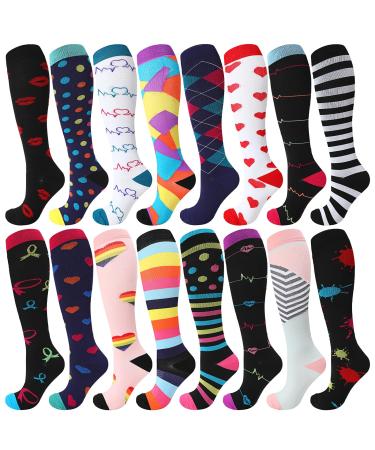 Shinymoon 16 Pairs Compression Socks for Women and Men Wide Calf 20-30 Mmhg Knee High Long Compression Stockings for Support Circulation Running Athletic Nurse Sport Travel 16 Style
