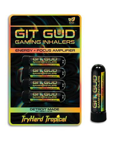 GIT GUD Gaming Vapor Inhaler | Energy + Focus Amplifier for Esports Athlete Gamer | Stimulating Aromatherapy Scent | Portable Pre Workout Performance Disposable | TryHard Tropical (4 Pack)