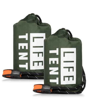 Go Time Gear Life Tent Emergency Survival Shelter 2 Person Emergency Tent Use As Survival Tent Emergency Shelter Tube Tent Survival Tarp - Includes Survival Whistle & Paracord Green 2pack
