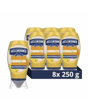 Hellmann's Coronation Squeezy Mayonnaise 100% recycled plastic bottle an ideal condiment for sandwiches wraps and pittas 8x 250 g
