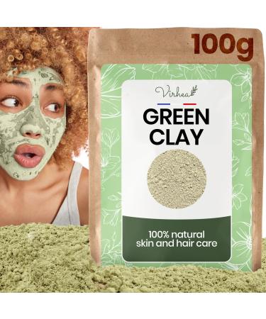 virhea Green Clay Powder 100g - Acne Face Mask - Natural Face Care for Sensitive Skin - Montmorillonite Surfine Clay - Purifying Face Mask Men Women