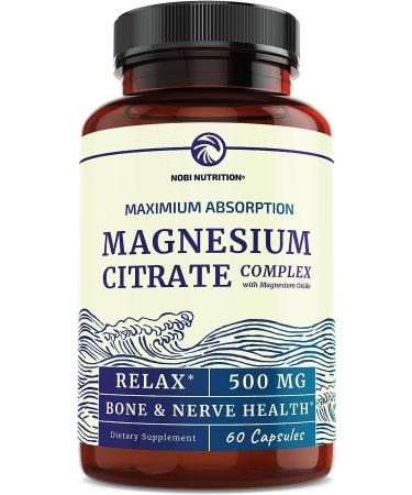 Magnesium Oxide Citrate Complex | High Absorption Non-GMO Gluten Soy and Dairy Free | 500mg Vegetarian Capsules (60 Count) by Nobi Nutrition 60 Count (Pack of 1)