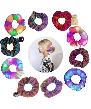 LED Hair Scrunchies for Girls with Hidden Zipper Pocket |10PCS| LED Glow Hair Bands  Light up Scrunchies with 3 Light Modes  Summer Accessories  Glow in The Dark Hair Ties (Mermaid 10)