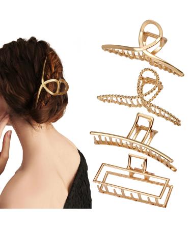 Parcce 4 Pack Large Metal Hair Clips for Thin to Thick Curly Hair 4.3 Inch Big Nonslip Gold Color Clamps Perfect Fashion Jaw Claw Hair Styling Accessories for Women and Girls Christmas Gifts Style A-Gold
