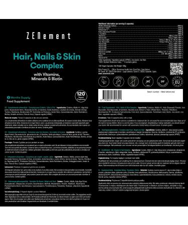 Zenement Hair Nails & Skin Complex with Biotin - 120 Capsules | For Hair Loss & Weak Skin/Nails | Vegan & Non-GMO | Vitamins, Minerals - Buy Online on GoSupps.com