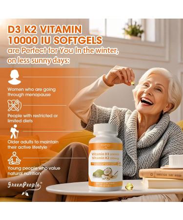GREENPEOPLE K2 D3 Vitamin Supplement, Vitamin D-3 & K-2 MK-7, 10,000 IU/200 mcg, with Virgin Non-GMO Coconut MCT Oil | 300 Vegan Softgels | Bone Health, Immune Support 300 Count (Pack of 1) - Buy Online on GoSupps.com