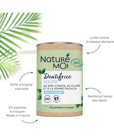 Natur moi - Solid Toothpaste Chewable Pastille Fresh Mint With Zinc Citrate Fluoride and Acacia Gum 100 percent Natural Origin Mint White 60 pastilles - Buy Online on GoSupps.com
