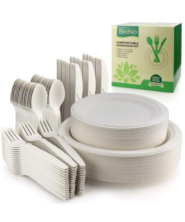 BIRCHIO 250 Piece Biodegradable Paper Plates Set (EXTRA LONG UTENSILS), Disposable Dinnerware Set, Eco Friendly Compostable Plates & Utensil include Plates, Forks, Knives and Spoons for Party Cream White 250PCS Dinnerware Set