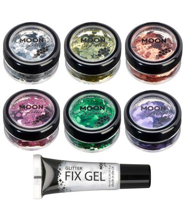 Classic coarse -grained glitter from Moon Glitter - 100% cosmetic glitter for face body nails hair and lips - 3G - set with 6 colors