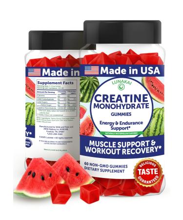 Lunakai USA Made Creatine Monohydrate Gummies for Women & Men Vegan Creatine Gummies for Muscle & Recovery Support Pre Workout Supplement 60ct
