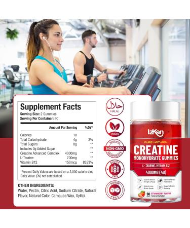 Pro Creatine Monohydrate Gummies 4000mg - 60 Chewable Strawberry Flavoured Gummies | Pre Workout Supplement for Men & Women | Keto & Vegan Friendly | 30 Days Supply - Buy Online on GoSupps.com