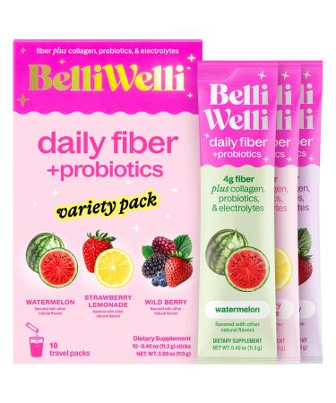 Belli Welli Daily Fiber Supplement Packets with Collagen, Probiotics & Electrolytes | Single Serve Packets for Gut Health, Digestion & Debloating | Variety | 10 Count