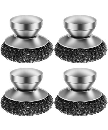 UYEXM 4 Pcs Stainless Steel Scrubber Stainless Steel Scourer with Handle Round Pan Scourer Non Scratch Stainless Steel Sponge Premium Dish Scrubber Metal Sponge Scrubber for Cleaning