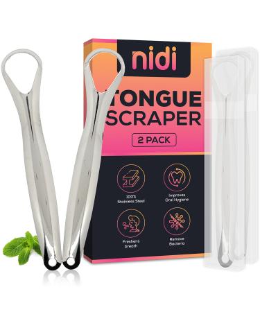 Nidi Tongue Scraper (2 Pack)  Premium 100% Stainless Steel Tongue Cleaner for Your Tongue  Oral Care Tongue Scraper & Remove Bad Breath  Portable Tongue Cleaner with Travel Case