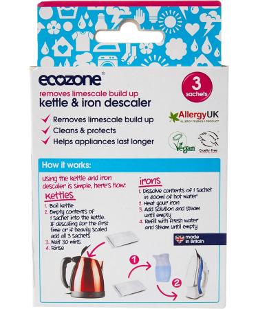 Ecozone Kettle and Iron Descaler: Natural Vegan Formula for Limescale Removal - 3 Treatments - Buy Online on GoSupps.com