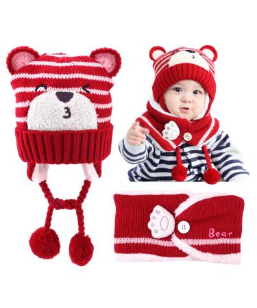 GLAITC Baby Caps Winter 46-50cm Baby Hats Newborn with Scarf Warm & Soft Beanie Hats Toddler Hats Boys Baby Girl Winter Caps Toddler Winter Hat Knitted Hats for Autumn Winter Unisex 6-24 Months One Size Red
