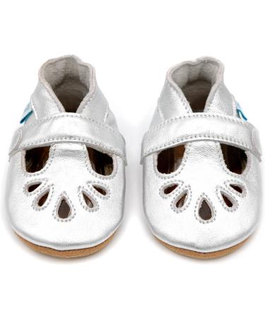 Dotty Fish Soft Leather Baby Shoes - Classic T-Bar Shoes for Girls | Non-Slip Suede Soles | 0-6 Months to 2-3 Years | Silver - Buy Online on GoSupps.com