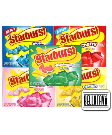 Jello Shot Bundle with Starburst Gelatin. Includes 5 Boxes of Starburst Gelatin Plus BELLATAVO Refrigerator Magnet! One Box Each Flavor: All Pink Strawberry, Blue Raspberry, Cherry, Lemon & Watermelon Gelatin!