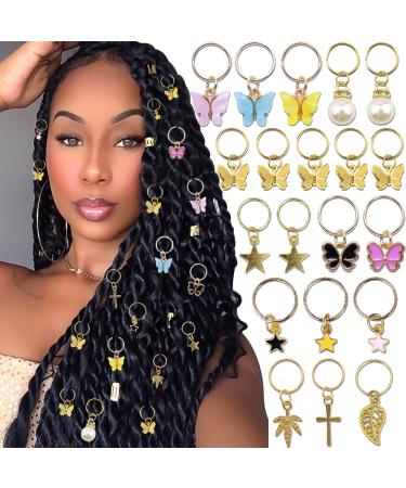 NAISKA 20Pcs Gold Butterfly Hair Braid Dreadlock Star Pearl Braid Clips Accessories Colorful Butterflies Pendant Charms Pearl Shiny Hair Accessories Clips Cuffs Rings African Beads Dreadlock Charms Jewelry Gifts for Wome...