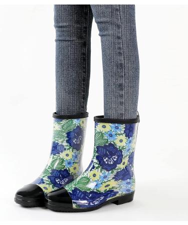 CKWLXQY Women's Waterproof Floral Printed Rain Boots - Blue, Size 10 | Mid Calf Rubber Shoes for Outdoor Gardening, Fishing & Farming - Buy Online on GoSupps.com