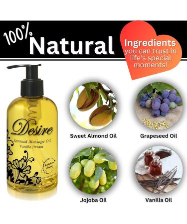 Desire Sensual Massage Oil - All Natural Couples Massage Oil with Sweet Almond Grapeseed & Jojoba - 8oz Vanilla - Buy Online on GoSupps.com